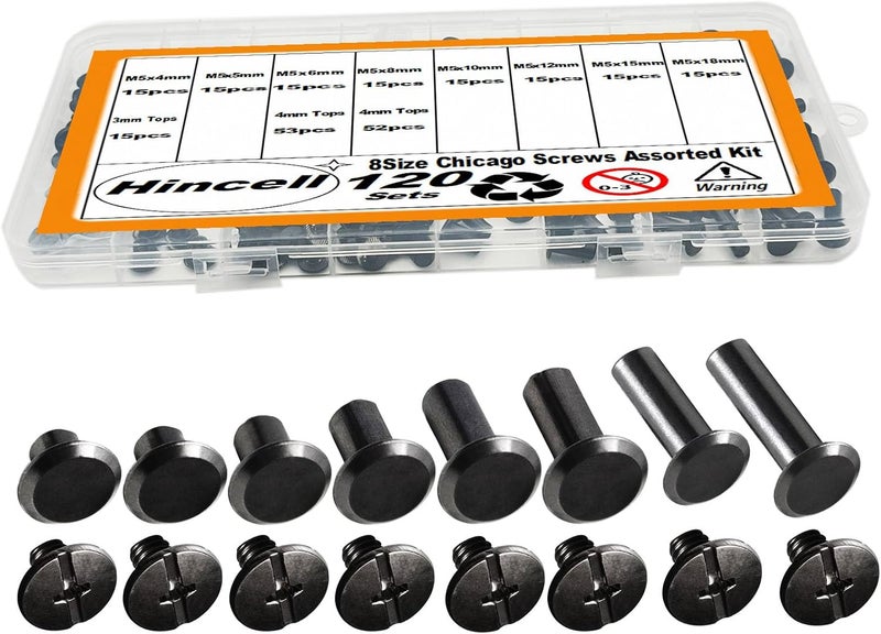 Hincell 120sets Chicago Screws Kit, 8 Sizes Screw Rivets Gunmetal Black Chicago Binding Screws for DIY Repair Leather Craft Belt Bag Shoes Purse Bookbinding (M5*4,5,6,8,10,12,15,18) (Gunmetal Black) - Image 1